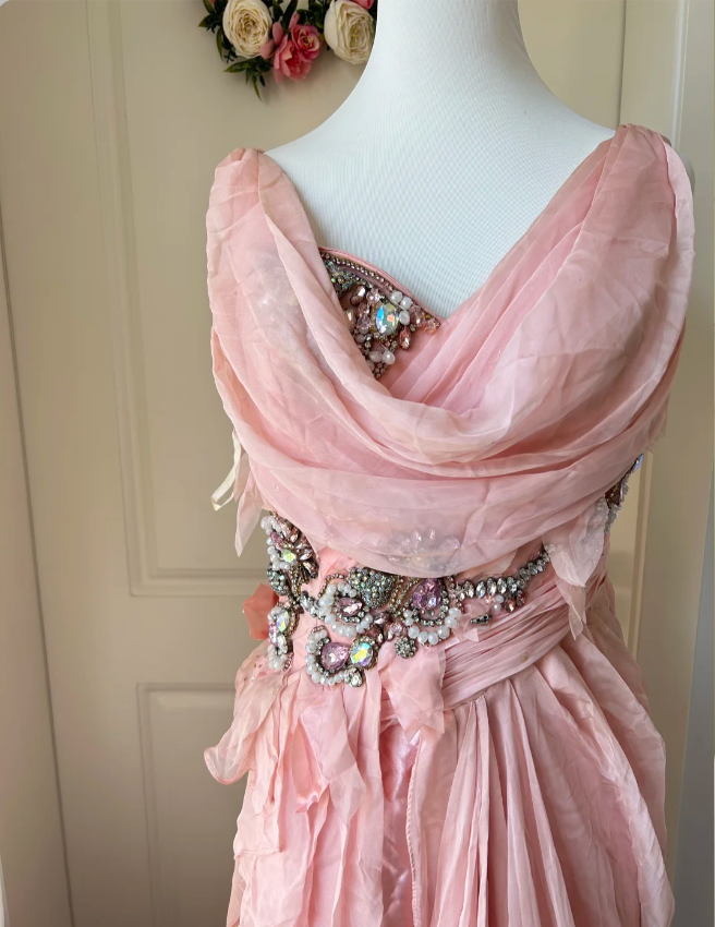 Vintage Pink A-Line Rhinestone Beaded Chiffon Long Prom Dresses Evening Dresses