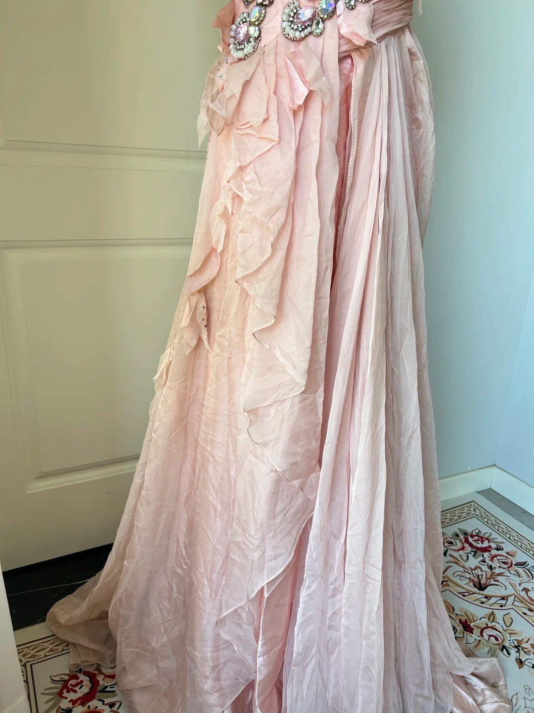 Vintage Pink A-Line Rhinestone Beaded Chiffon Long Prom Dresses Evening Dresses