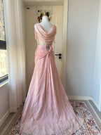 Vintage Pink A-Line Rhinestone Beaded Chiffon Long Prom Dresses Evening Dresses