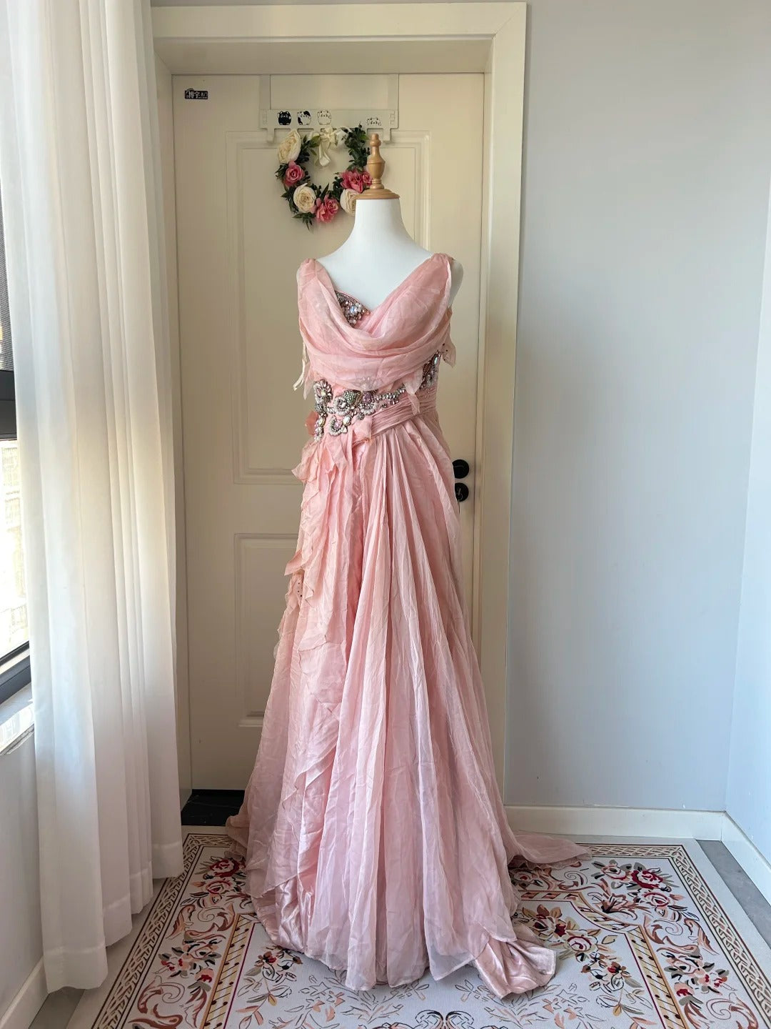 Vintage Pink A-Line Rhinestone Beaded Chiffon Long Prom Dresses Evening Dresses