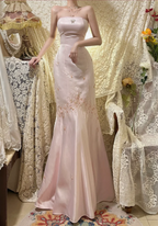 Vintage Pink Strapless Satin Beaded Mermaid Prom Dress