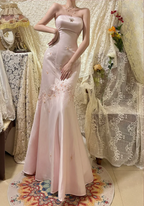 Vintage Pink Strapless Satin Beaded Mermaid Prom Dress