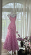 Vintage Pink V-Neck Beaded Mermaid Petal Skirt Prom Dress