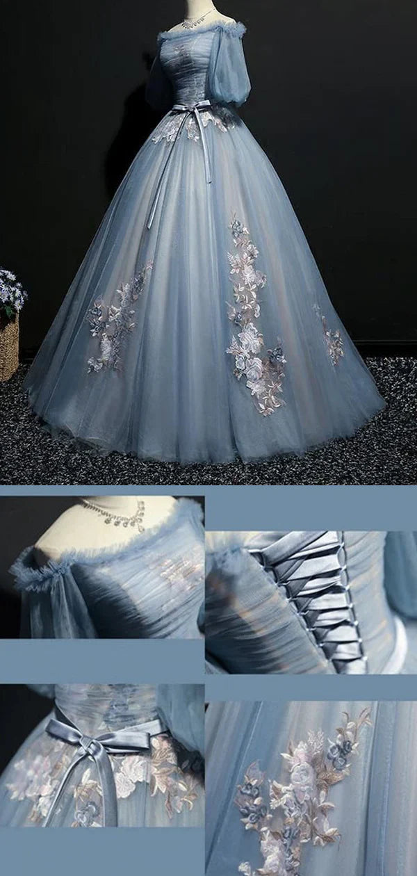 Vintage Princess Off Shoulder Half Sleeve Dusty Blue Appliques Ball Gown Prom Dresses Secondary image