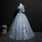 Vintage Princess Off Shoulder Half Sleeve Dusty Blue Appliques Ball Gown Prom Dresses