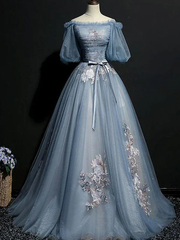 Vintage Princess Off Shoulder Half Sleeve Dusty Blue Appliques Ball Gown Prom Dresses Main image