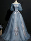Vintage Princess Off Shoulder Half Sleeve Dusty Blue Appliques Ball Gown Prom Dresses