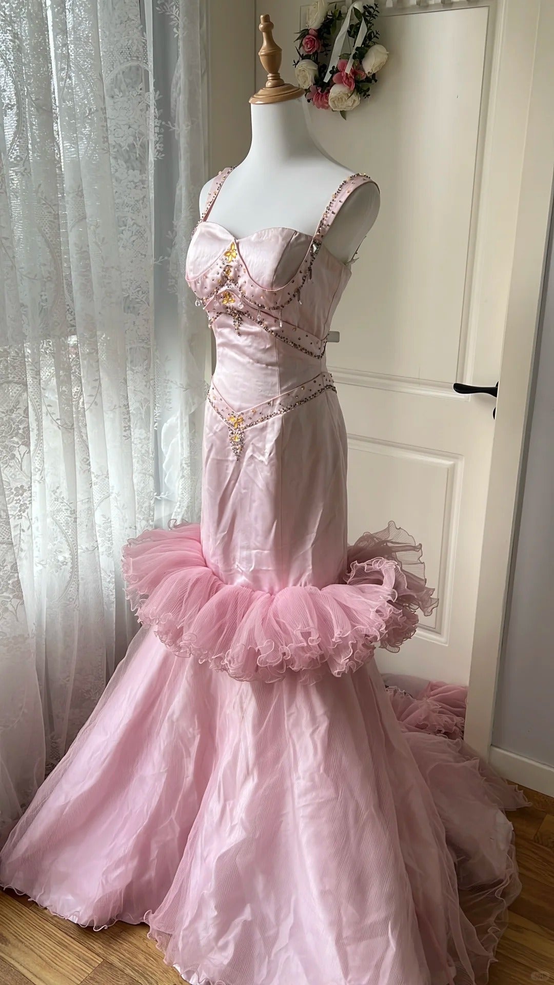 Vintage Princess Pink Mermaid Satin Tulle Train Prom Dresses Evening Dresses