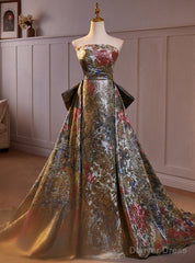 Vintage Print Strapless Prom Dress
