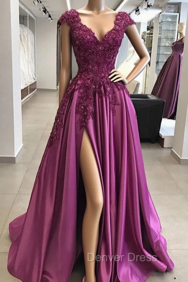 Vintage Prom Dresses 90S, A-line/Princess V Neck Sleeveless Long/Floor-Length Satin Prom Dresses with Appliqued Beading Split Main image