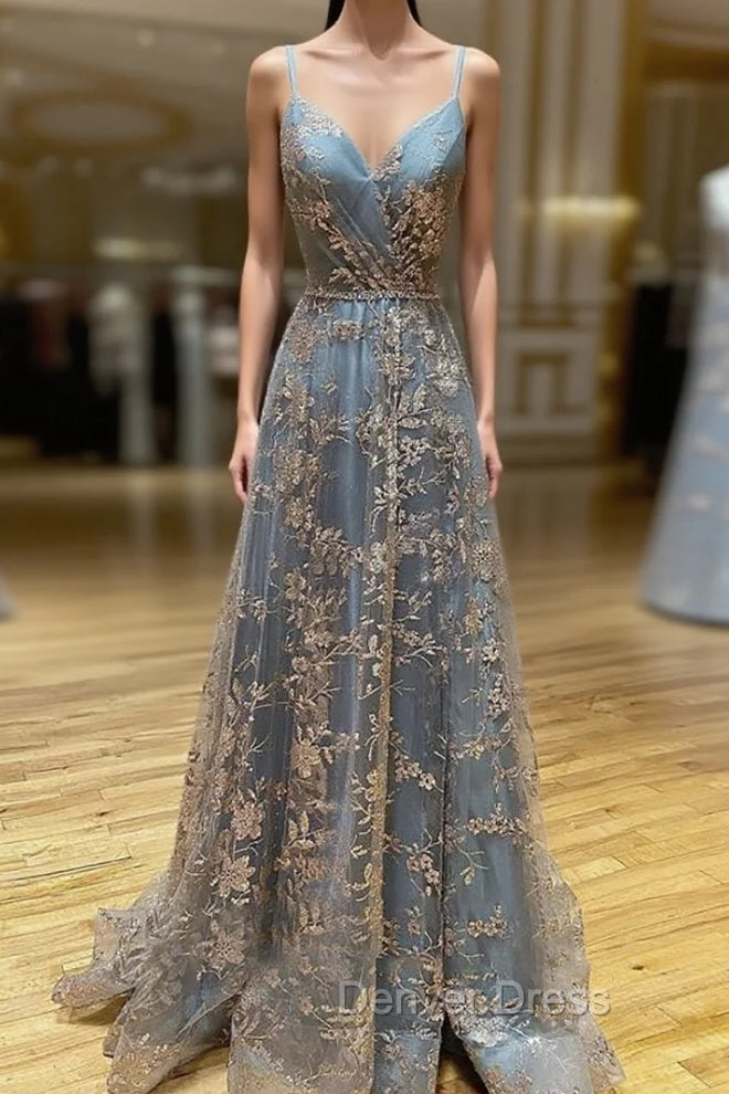 Vintage Prom Dresses 90S, A-line V Neck Sleeveless Sweep Train Tulle Satin Prom Dresses With Appliqued Split Main image