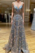 Vintage Prom Dresses 90S, A-line V Neck Sleeveless Sweep Train Tulle Satin Prom Dresses With Appliqued Split