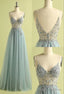 Vintage Prom Dress, V Neck Slit Tulle Dresses