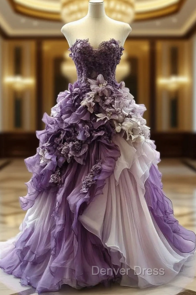 Vintage Purple A Line Sweetheart Neck Chiffon Beading Long Prom Dress Applique Prom Dresses Main image
