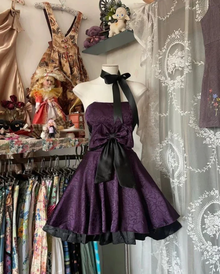 Vintage Purple Satin A Line Short Prom Dress Homecoming Dresses With Bow Main image