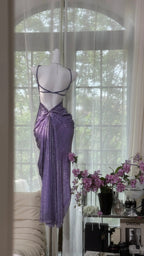 Vintage Purple Strap Chiffon Halter Back High Slit Beaded Prom Gowns Prom Dresses