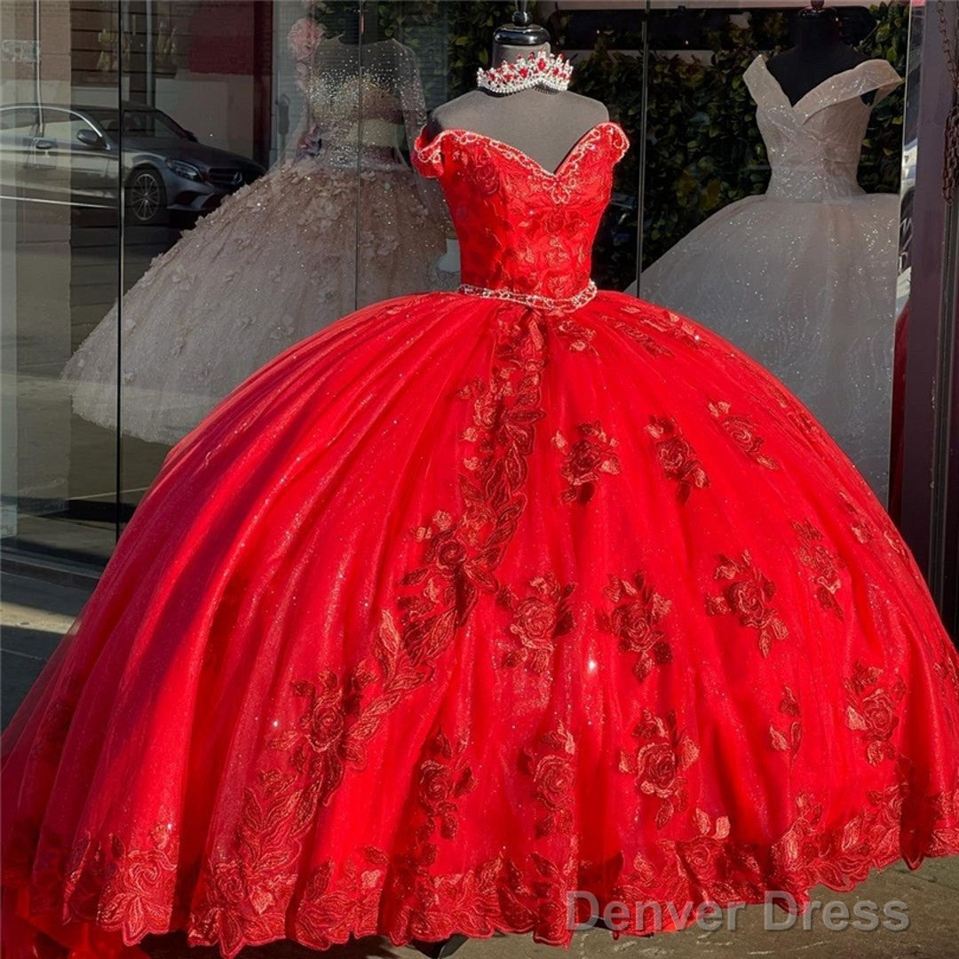 Vintage Red Ball Gowns Off The Shoulder Prom Dress With Cap Short Sleeves Lace Applique Prom Dresses Main image