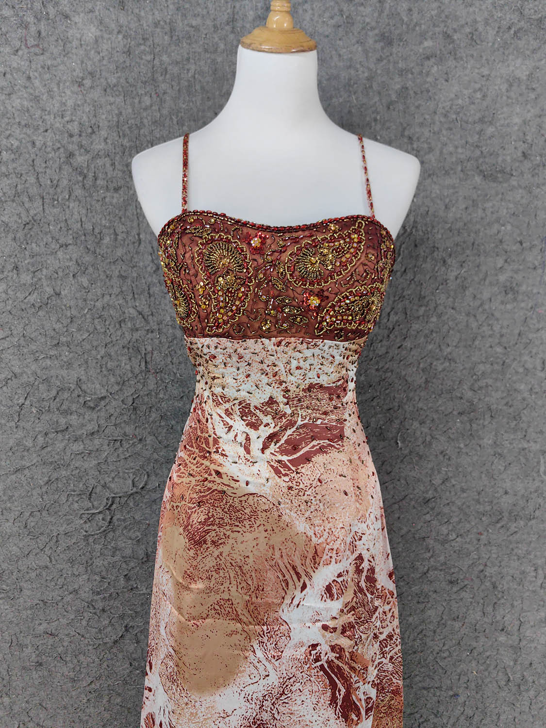 Vintage Red-Brown Gilded Gradient Spaghetti Strap Beaded Satin Long Prom Dresses Evening Dresses