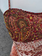 Vintage Red-Brown Gilded Gradient Spaghetti Strap Beaded Satin Long Prom Dresses Evening Dresses