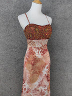 Vintage Red-Brown Gilded Gradient Spaghetti Strap Beaded Satin Long Prom Dresses Evening Dresses