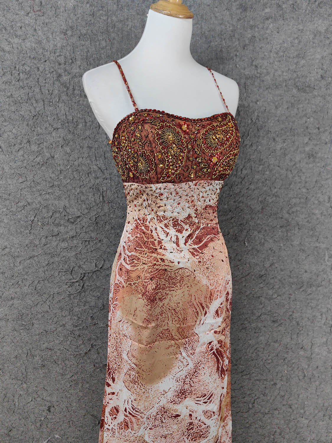 Vintage Red-Brown Gilded Gradient Spaghetti Strap Beaded Satin Long Prom Dresses Evening Dresses