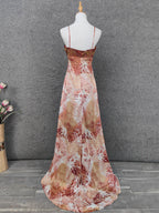Vintage Red-Brown Gilded Gradient Spaghetti Strap Beaded Satin Long Prom Dresses Evening Dresses