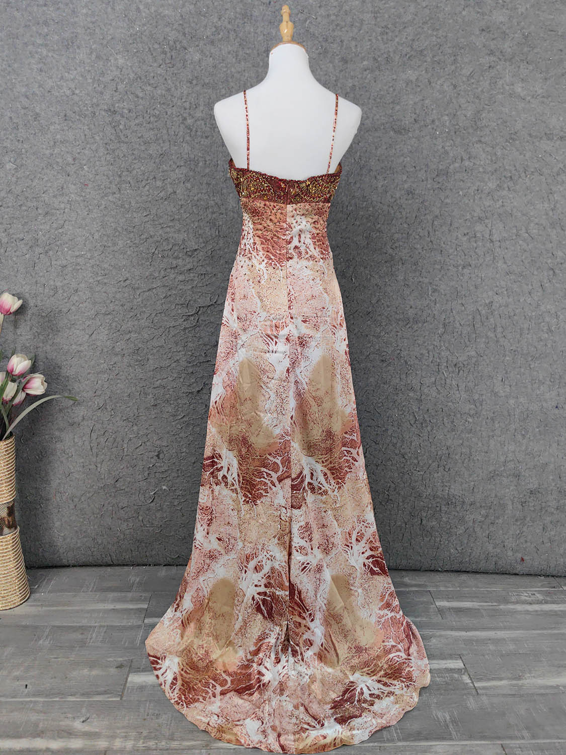 Vintage Red-Brown Gilded Gradient Spaghetti Strap Beaded Satin Long Prom Dresses Evening Dresses