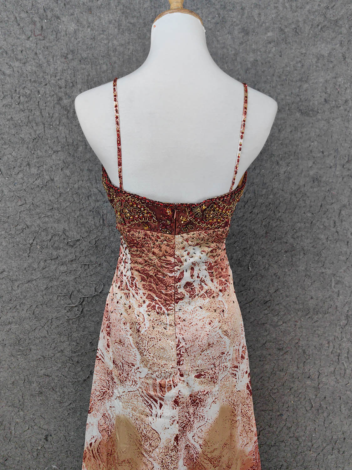 Vintage Red-Brown Gilded Gradient Spaghetti Strap Beaded Satin Long Prom Dresses Evening Dresses