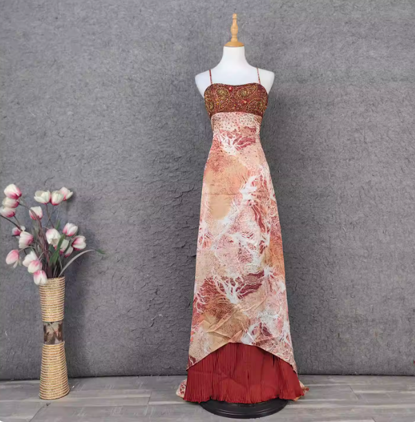 Vintage Red-Brown Gilded Gradient Spaghetti Strap Beaded Satin Long Prom Dresses Evening Dresses Main image