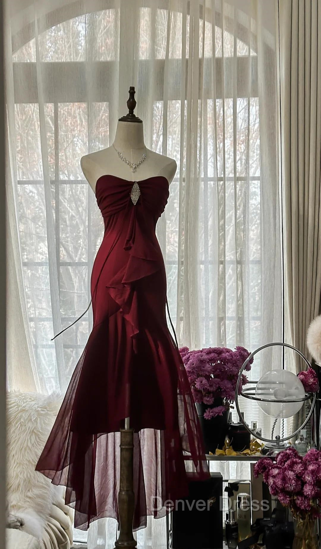 Vintage Red Mermaid Strapless Chiffon Prom Dress Graduation Prom Dresses