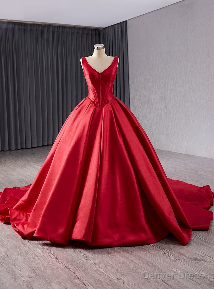 Vintage Red Satin V Neck Prom Dresses