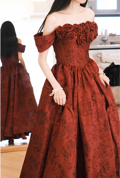 Vintage Rose Burgundy Off-The-Shoulder Jacquard Satin Long Prom Dresses Evening Dresses