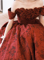 Vintage Rose Burgundy Off-The-Shoulder Jacquard Satin Long Prom Dresses Evening Dresses