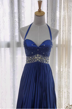 Vintage Royal Blue A-Line Halter Neck Rhinestone Satin Long Prom Dresses Evening Dresses