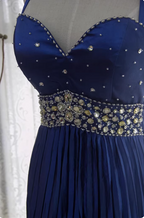 Vintage Royal Blue A-Line Halter Neck Rhinestone Satin Long Prom Dresses Evening Dresses