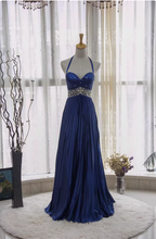 Vintage Royal Blue A-Line Halter Neck Rhinestone Satin Long Prom Dresses Evening Dresses