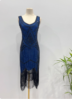 Vintage Royal Blue / Emerald Green Slim-Fit Spaghetti Strap Fringe Sequin Midi Prom Dresses Evening Dresses