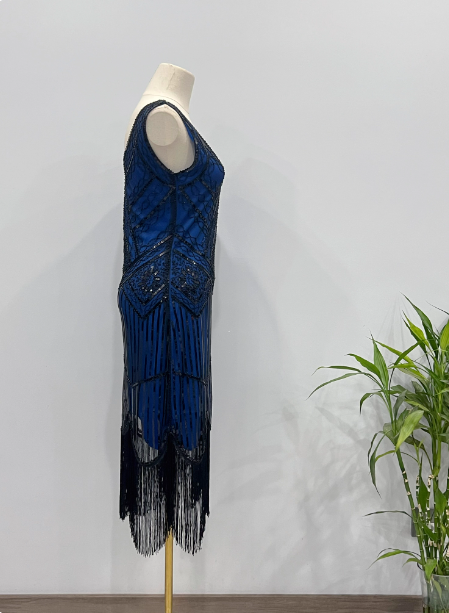 Vintage Royal Blue / Emerald Green Slim-Fit Spaghetti Strap Fringe Sequin Midi Prom Dresses Evening Dresses