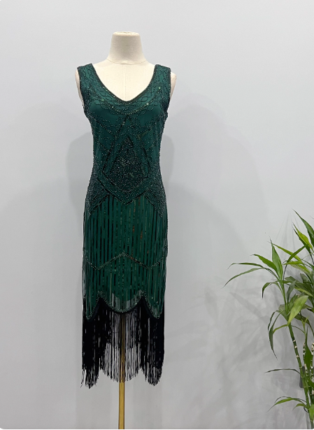 Vintage Royal Blue / Emerald Green Slim-Fit Spaghetti Strap Fringe Sequin Midi Prom Dresses Evening Dresses