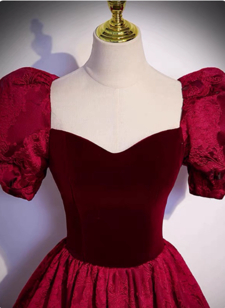Vintage Royal Burgundy A-Line Puff Sleeve Velvet Satin Long Prom Dresses Evening Dresses Secondary image