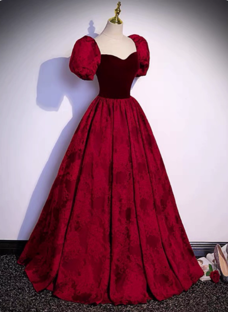 Vintage Royal Burgundy A-Line Puff Sleeve Velvet Satin Long Prom Dresses Evening Dresses