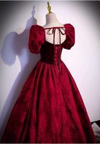 Vintage Royal Burgundy A-Line Puff Sleeve Velvet Satin Long Prom Dresses Evening Dresses