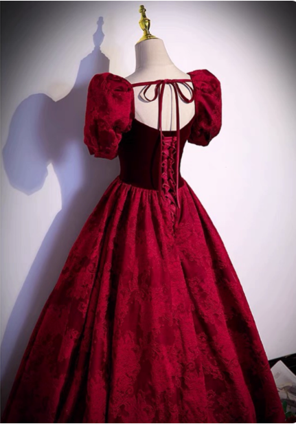Vintage Royal Burgundy A-Line Puff Sleeve Velvet Satin Long Prom Dresses Evening Dresses