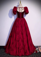 Vintage Royal Burgundy A-Line Puff Sleeve Velvet Satin Long Prom Dresses Evening Dresses