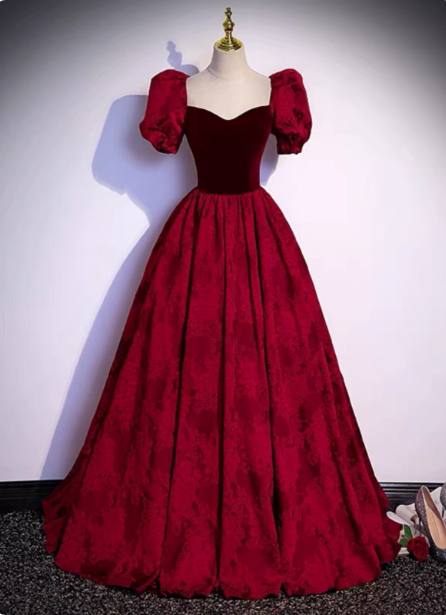 Vintage Royal Burgundy A-Line Puff Sleeve Velvet Satin Long Prom Dresses Evening Dresses