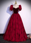 Vintage Royal Burgundy A-Line Puff Sleeve Velvet Satin Long Prom Dresses Evening Dresses