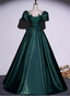 Vintage Royal Emerald Green Crew Neck A-Line Embroidered Satin Long Prom Dresses Evening Dresses