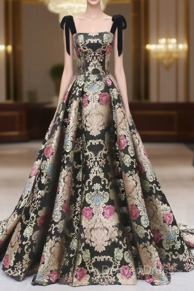 Vintage Satin Straps Floral Long Formal Evening Long Dresses Prom Dresses Main image