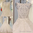 Vintage Scoop Neck Pearl And Crystal Beaded Ball Gown Wedding Dresses