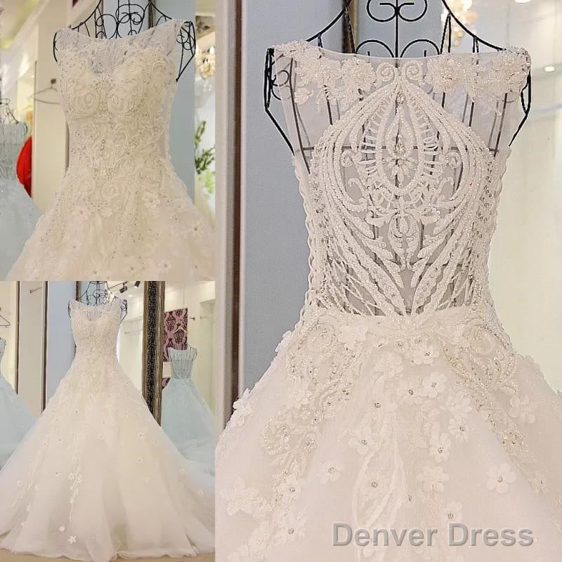 Vintage Scoop Neck Pearl And Crystal Beaded Ball Gown Wedding Dresses